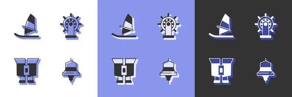 Set Ship bell, Windsurfing, Binoculars and steering wheel icon. Vector — Stock Vector