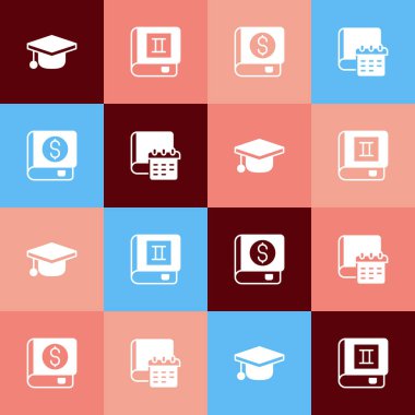 Popüler sanat mezuniyet şapkası, kitap, finans kitabı ve günlük kağıt not defteri simgesini ayarla. Vektör