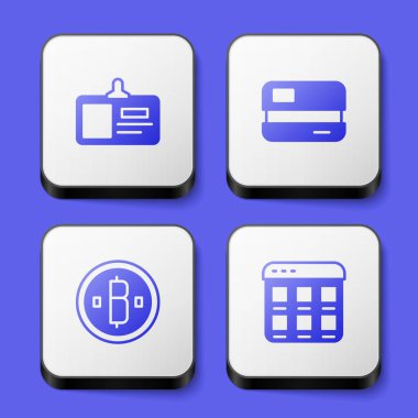 Set Identification badge, Credit card, Cryptocurrency coin Bitcoin and Online shopping screen icon. White square button. Vector