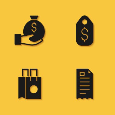Set Money bag, Financial check, Paper shopping and Price tag with dollar icon with long shadow. Vector