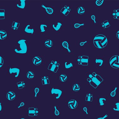 Vücut geliştiricisini kaslarını, voleybol topunu, tenis raketini ve pürüzsüz desenli bovling pimini göstermek için ayarla. Vektör