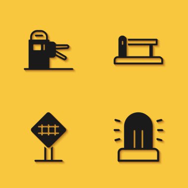 Set Turnstile, Flasher siren, Railroad crossing and Railway barrier icon with long shadow. Vector