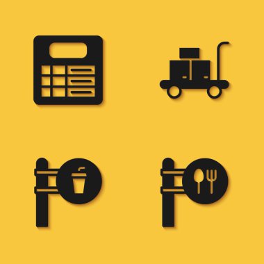Set Train station board, Cafe and restaurant location, and Trolley suitcase icon with long shadow. Vector