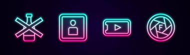 Set hattı Alkol yok, Video Oynat, Online oyun videosu ve Kamera kepengi. Parlayan neon ikonu. Vektör