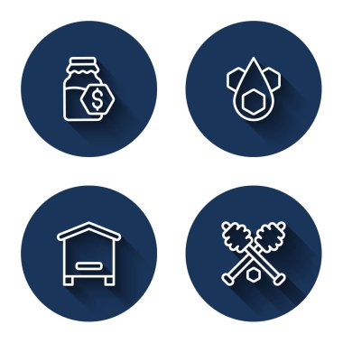 Set line Sale in jar of honey, Honeycomb, Hive for bees and dipper stick with long shadow. Blue circle button. Vector
