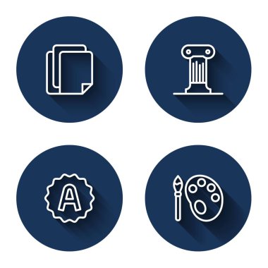 Satır Dosya Belgesi, Hukuk sütunu, Sınav kağıdında A + notu ve uzun gölgeli boya fırçası paleti. Mavi daire düğmesi. Vektör