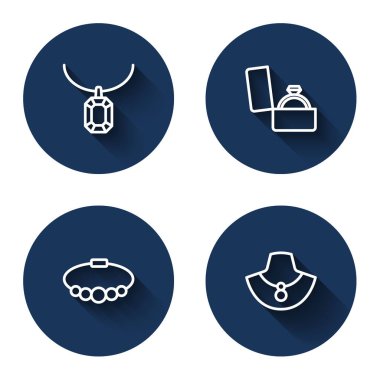 Set line Pendant on necklace, Diamond engagement ring in box, Bracelet jewelry and Necklace mannequin with long shadow. Blue circle button. Vector