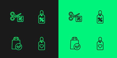 Kalp etiketi, kağıt alışveriş torbası, makas indirim kuponu ve indirim yüzde ikonu. Vektör