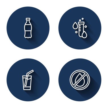 Bir şişe su, damla test tüpü, uzun gölgeli bardak ve su yasak. Mavi daire düğmesi. Vektör