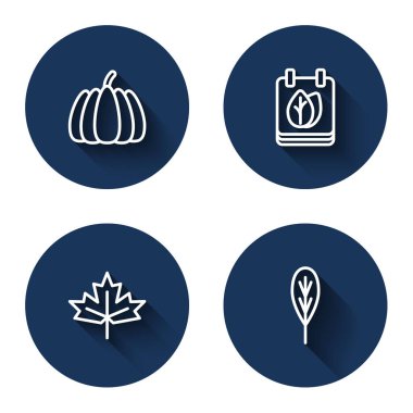 Sıra Balkabağı, Sonbahar yapraklı takvim, Kanada akçaağaç yaprağı ve uzun gölgeli Yaprak. Mavi daire düğmesi. Vektör