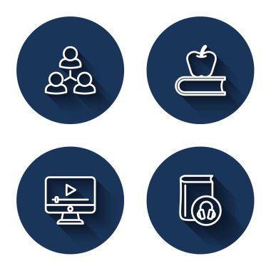 Online sınıfı ayarla, Elmalı Kitap, uzun gölgeli video ve sesli kitap oyna. Mavi daire düğmesi. Vektör