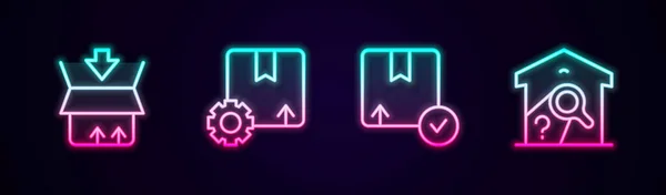 Set line Carton cardboard box, Gear with package, and Warehouse check. Glowing neon icon. Vector — стоковый вектор
