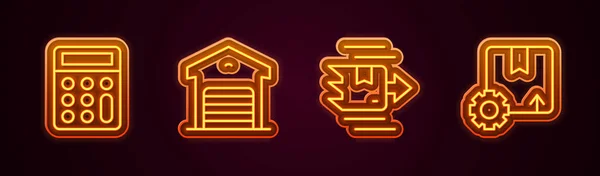Set line Calculator, Warehouse, Carton cardboard box and Gear with package. Glowing neon icon. Vector — Stock vektor