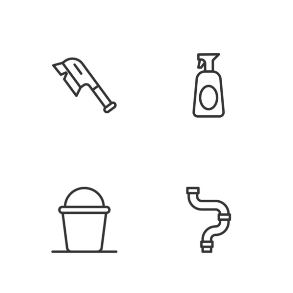 Set line Tubo metálico industrial, cubo, cepillo para limpieza y spray limpiador con icono detergente. Vector — Vector de stock
