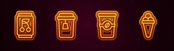 Set line Soda can, Cup of tea, Coffee cup to go and Ice cream in waffle. Glowing neon icon. Vector — Stok Vektör