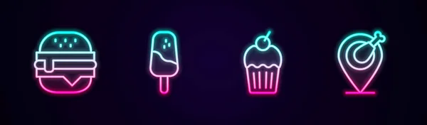 Set lijn Burger, Ice cream, Muffin en Chicken leg. Een gloeiend neon icoon. Vector — Stockvector