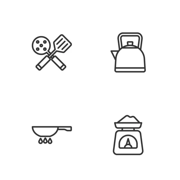 Definir linha Escalas, frigideira em chamas, Espátula e chaleira com ícone de alça. Vetor —  Vetores de Stock