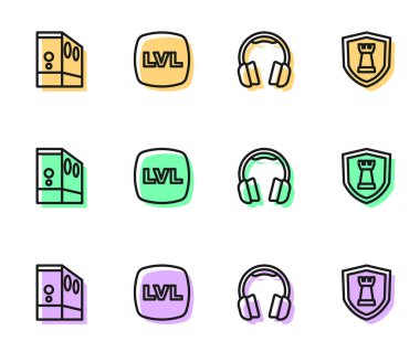 Satır hattı kulaklıkları, bilgisayar kutusu, seviye oyunu ve satranç kalkanı simgesi. Vektör