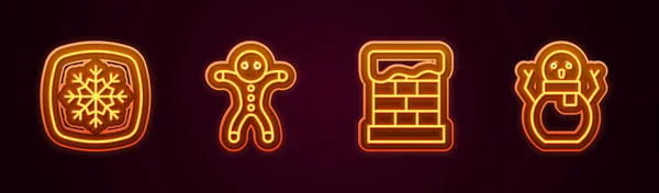 Set baris Snowflake, Holiday gingerbread man cookie, Christmas chimney dan snowman. Glowing ikon neon. Vektor - Stok Vektor