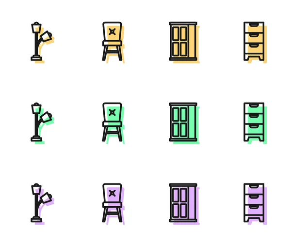 Set line skříň, Podlahová lampa, Židle a truhla zásuvek ikona. Vektor — Stockový vektor