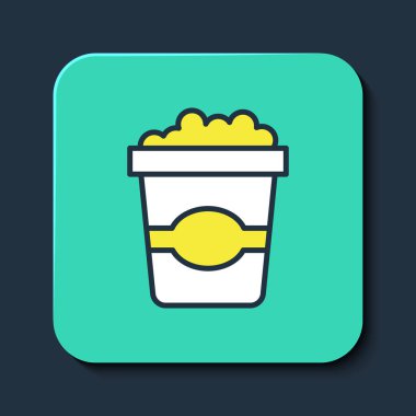 Mavi arka planda izole edilmiş karton kutu simgesiyle çizilmiş patlamış mısır. Patlamış mısır kutusu. Turkuaz kare düğme. Vektör