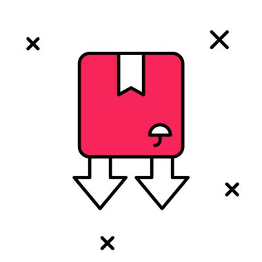 Beyaz arkaplanda izole edilmiş trafik sembolü simgesi olan karton kutu dolduruldu. Kutu, paket, paket işareti. Teslimat, ulaşım ve nakliye. Vektör