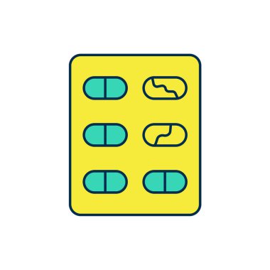 Doldurulmuş haplar beyaz arka planda izole edilmiş su toplayıcı ikonu. İlaç paketi. Tablet, vitamin, antibiyotik, aspirin. Vektör