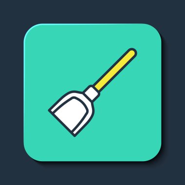 Doldurulmuş faraş simgesi mavi arkaplanda izole edildi. Temizlik işleri. Turkuaz kare düğme. Vektör