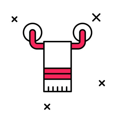 Beyaz arkaplanda izole edilmiş askı simgesi üzerine ana hatları doldurulmuş havlu. Banyo havlusu ikonu. Vektör