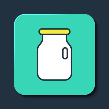 Mavi arka planda izole edilmiş, kapaklı tornavida dolu cam kavanoz. Turkuaz kare düğme. Vektör