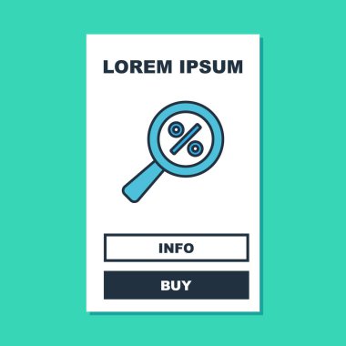 Turkuaz arka planda izole edilmiş yüzde indirimli büyüteç. İndirimli aramalar. İndirim tabelasını ara. Vektör