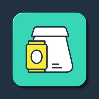 Çevrimiçi sipariş ve fast food dağıtım ikonu mavi arka planda izole edildi. Turkuaz kare düğme. Vektör