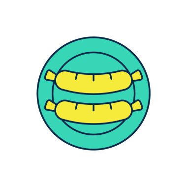 Doldurulmuş ana hatlı Sosis simgesi beyaz arkaplanda izole edildi. Izgara sosis ve aroma işareti. Vektör