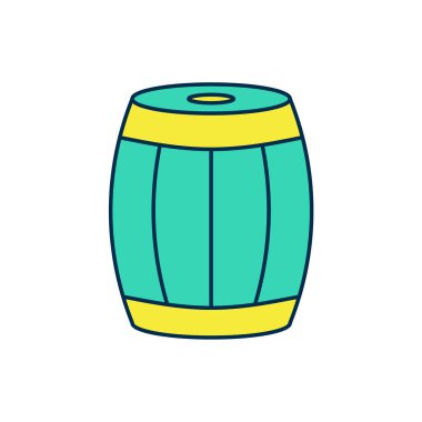 Doldurulmuş tahta varil simgesi beyaz arka planda izole edilmiş. Alkol fıçısı, içki kabı, bira için tahta fıçı, viski, şarap. Vektör