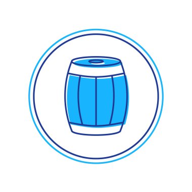 Doldurulmuş tahta varil simgesi beyaz arka planda izole edilmiş. Alkol fıçısı, içki kabı, bira için tahta fıçı, viski, şarap. Vektör