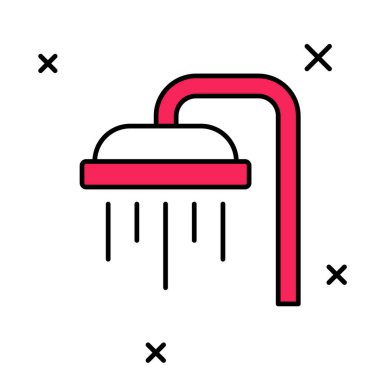 Ana hatlarıyla doldurulmuş duş başlığı beyaz arka planda izole edilmiş su damlalarıyla dolu. Vektör