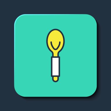 İçi doldurulmuş kaşık simgesi mavi arkaplanda izole edildi. Mutfak aletleri. Çatal bıçak seti. Turkuaz kare düğme. Vektör