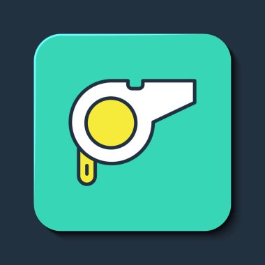 Doldurulmuş Whistle simgesi mavi arkaplanda izole edildi. Hakem sembolü. Spor ve spor burcu. Turkuaz kare düğme. Vektör