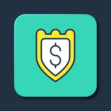 Taslak Kalkan 'ı dolar sembolüyle doldurdum. Mavi arka planda izole edilmiş. Güvenlik kalkanı koruması. Para güvenliği konsepti. Turkuaz kare düğme. Vektör