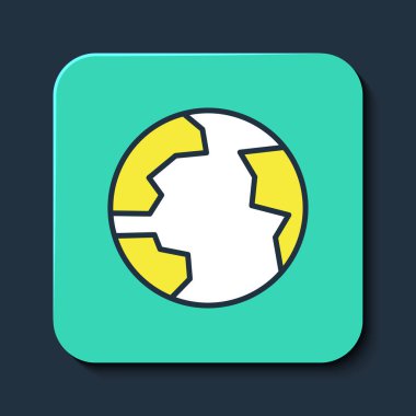 Doldurulmuş ana hatlı dünya simgesi mavi arkaplanda izole edildi. Yerküreye iğnele. Turkuaz kare düğme. Vektör