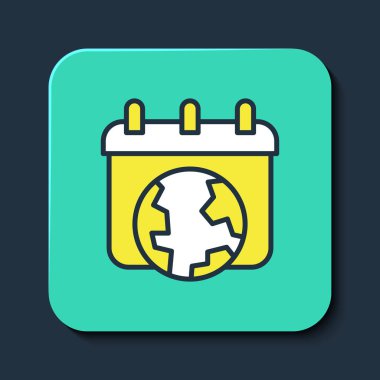 Doldurulmuş Dünya Günü simgesi mavi arkaplanda izole edilmiş. Çevre dostu dünya. Ekoloji ve doğa kavramı. Turkuaz kare düğme. Vektör