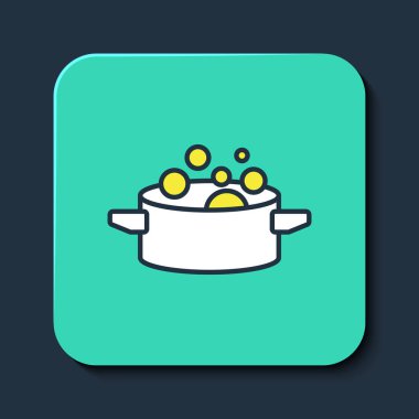 Mavi arkaplanda izole edilmiş ana hatlı tencere ikonu. Haşlama ya da güveç besin sembolü. Turkuaz kare düğme. Vektör