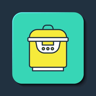 Doldurulmuş ana hatlı Yavaş pişirme simgesi mavi arkaplanda izole edildi. Elektrikli tava. Turkuaz kare düğme. Vektör