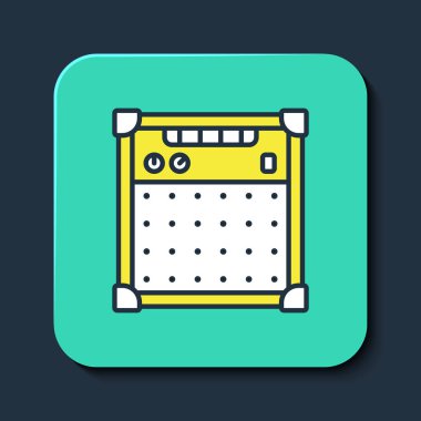 Doldurulmuş Gitar amplifikatörü simgesi mavi arkaplanda izole edildi. Müzik aleti. Turkuaz kare düğme. Vektör