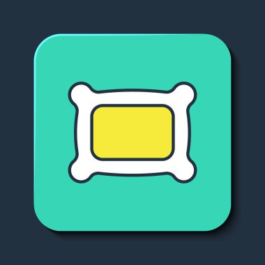 Mavi arkaplanda, ana hatlı dikdörtgen yastık simgesi izole edildi. Yastık tabelası. Ortopedik yastık. Turkuaz kare düğme. Vektör