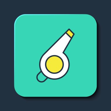 Doldurulmuş Whistle simgesi mavi arkaplanda izole edildi. Hakem sembolü. Spor ve spor burcu. Turkuaz kare düğme. Vektör