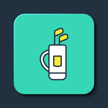 Mavi arka planda izole edilmiş golf çantasıyla doldurulmuş. Turkuaz kare düğme. Vektör