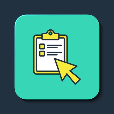 Çevrimiçi test, inceleme ya da kontrol listesi simgesi mavi arkaplanda izole edildi. Sınav listesi. E-eğitim konsepti. Turkuaz kare düğme. Vektör