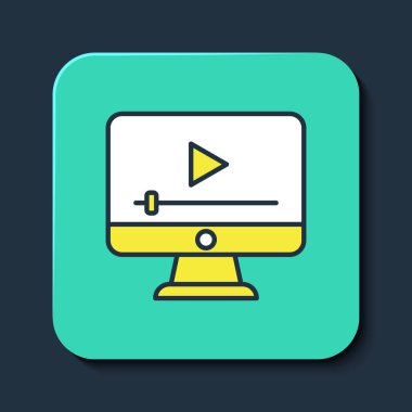 Doldurulmuş Online oynatma simgesi mavi arkaplanda izole edildi. Oyun işaretli film şeridi. Turkuaz kare düğme. Vektör