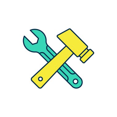 Çizgili çizgili çekiç ve anahtar simgesi beyaz arkaplanda izole edilmiş. Donanım aletleri. Vektör